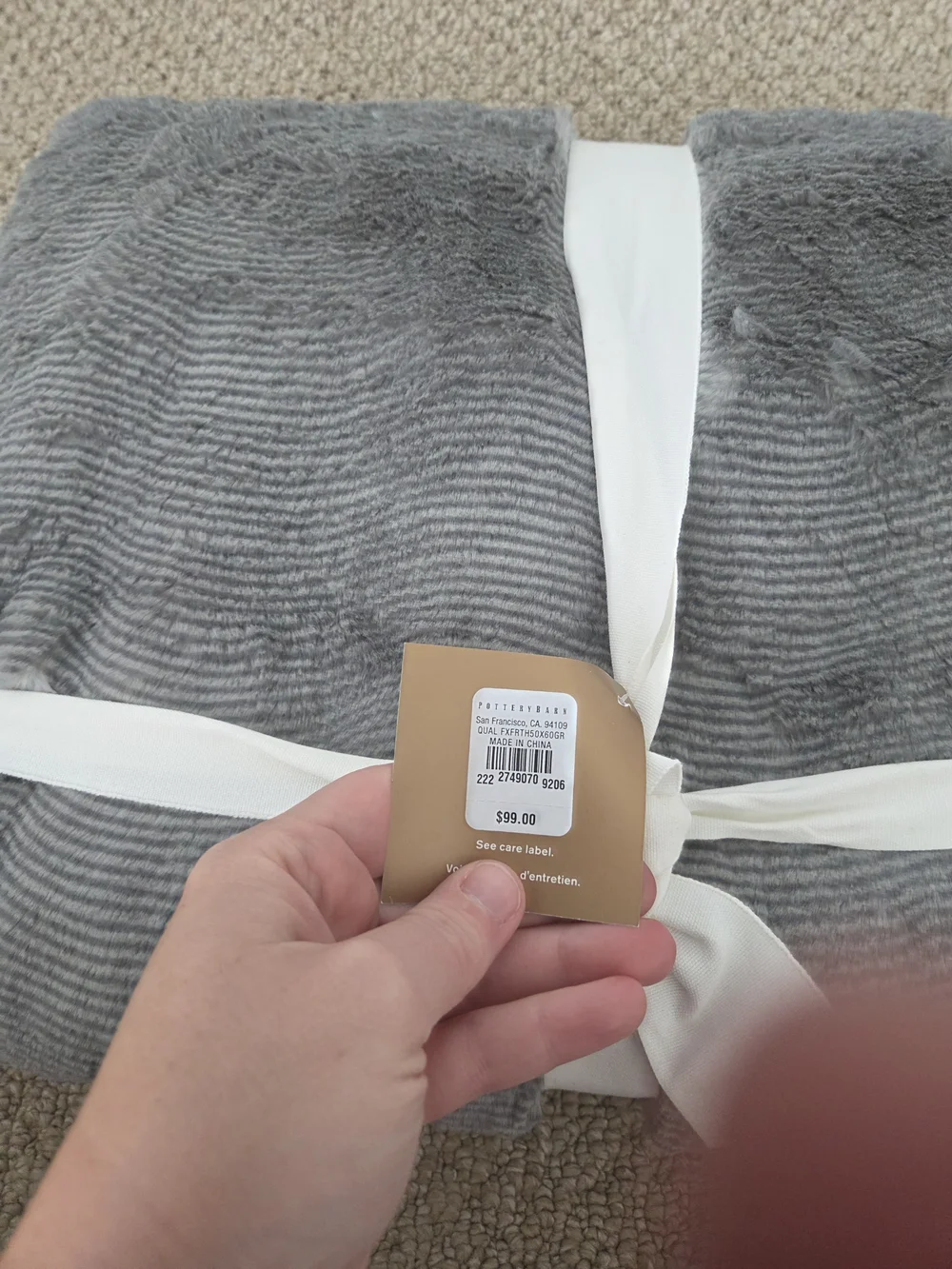 POTTERY BARN QUAIL faux Fur Plush  Throw Blanket - Gray